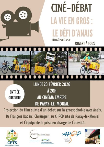 La CPTS Ouest Saône-et-Loire et le CHPCB de Paray Le Monial, vous invitent à une soirée ciné-débat autour du film : « La vie en gros : le défi d’Anaïs » - Réalisé par l’APOP